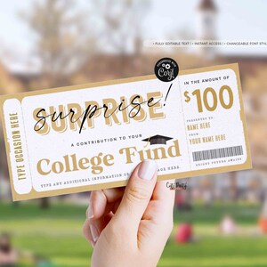 EDITABLE Birthday gift, College Fund Template, Any amount Gift Certificate Tuition, 529 College Savings Plan Contribution, INSTANT DOWNLOAD