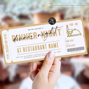 Certificado de vale-presente para jantar noturno, modelo de cupom noturno para data surpresa, ingresso noturno editável para data, cupom para jantar DOWNLOAD INSTANTÂNEO