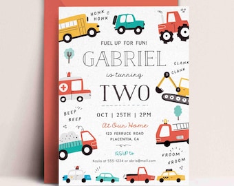 May include: A colorful invitation for a second birthday party with a transportation theme. The invitation features a variety of vehicles, including a school bus, a fire truck, a police car, a construction truck, and a dump truck. The text on the invitation reads "Fuel up for fun! Gabriel is turning two. Oct 25th | 2PM At Our Home 123 Ferruce Road Placentia, CA RSVP to Kayla at 555-1234 or sbris@mail.com"