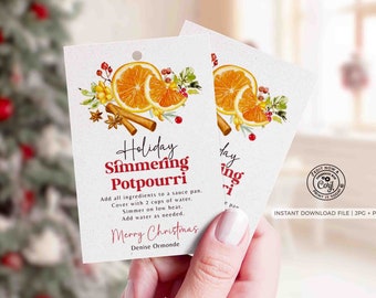 Printable Holiday Simmering Stovetop Potpourri Tag INSTANT DOWNLOAD Teacher Gift Idea Editable Homemade Christmas Potpourri Instructions Tag