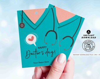 May include: Printable Happy Doctor's Day card with a teal scrub top and stethoscope design. The card says "Happy Doctor's Day!" and has a space for a name.