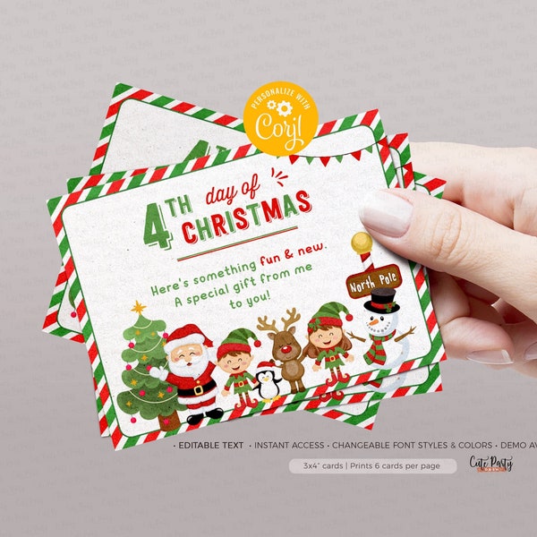 EDITABLE 12 Days of Christmas Gift Tags, 12 Days of Christmas Cards, Printable Christmas Cards, Blank 3x4" card, INSTANT DOWNLOAD 600