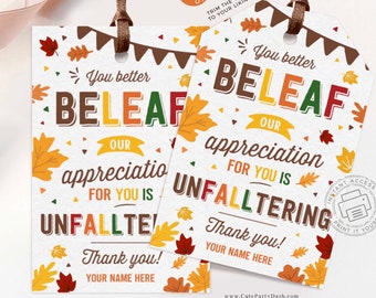 Fall Appreciation Gift Tags: Editable Thanksgiving Favor (Digital Download)