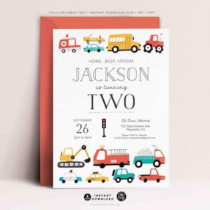 Transportation Birthday Invitation: Cars & Trucks, Editable Second Birthday (Digital Download)