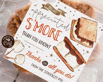 May include: A white card with a watercolor illustration of two s'mores. The card says "You are appreciated S'more than you know! Thanks for all you do! From the Sewickley PTO."