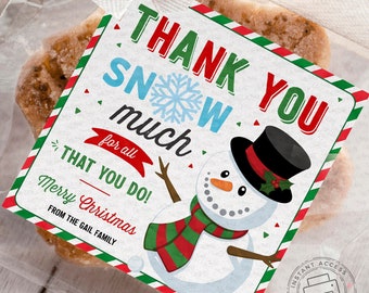Editable Christmas Gift Tag, Snowman Thank You (Digital Download)