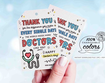 May include: Printable thank you card with colorful text that says "Thank you for the difference you make! Every single day! The world needs more doctors like you! Happy Doctor's Day!"  The card features a stethoscope with a heart and a heartbeat graphic. The card is 100% changeable colors, graphics, and fonts.  Instant download file in JPG and PDF format.