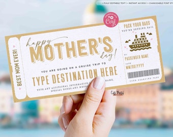 Mother's Day Gift Cruise Boarding Pass Vacation Ticket Gift Voucher, Editable Gift Ticket Template, Surprise Cruise ticket, INSTANT DOWNLOAD