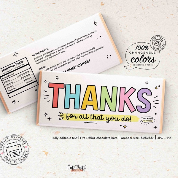 Thank You Gift Chocolate Bar Wrapper INSTANT DOWNLOAD Teacher Week Appreciation Gift Idea Coach Staff Printable Candy Bar Wrappers Editable