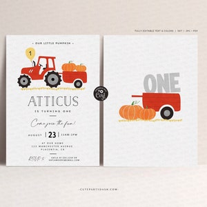 May include: A printable invitation for a first birthday party with a fall theme. The invitation features a red tractor with a number one on the back, pulling a wagon full of pumpkins. The text on the invitation reads "Our little pumpkin is turning one. Come join the fun!" with the date and time of the party.