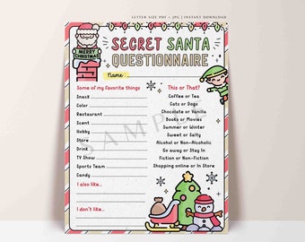 Op de afbeelding: Een printbare Secret Santa-vragenlijst met een kerstthema. De vragenlijst vraagt naar favoriete dingen, waaronder snacks, kleuren, restaurants, geuren, hobby's, drankjes, tv-programma's, sportteams en snoep. Het vraagt ook naar dingen die de persoon leuk vindt en niet leuk vindt. De vragenlijst is versierd met een kerstman, een kerstboom en een sneeuwpop.