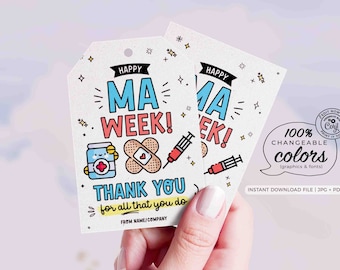 May include: A printable thank you card for nurses with a cartoon illustration of a medicine bottle, bandages, and a syringe. The card says "Happy Nurse Week! Thank you for all that you do."