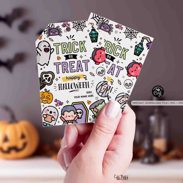 EDITABLE Trick or Treat Halloween Gift Tag Template INSTANT DOWNLOAD Happy Halloween Party Favor Teacher Printable Costume Kids Sticker