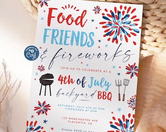 Editable 4th of July BBQ invitation INSTANT DOWNLOAD Printable Independence Day bbq Fireworks Neighborhood Block Party Digital corjl 412