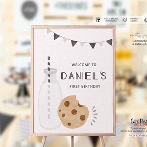 Minimalist Milk and Cookies Birthday Party Welcome Sign, Door sign, Birthday Poster, Editable printable Decor board INSTANT DOWNLOAD