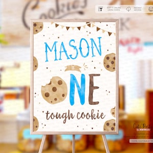 INSTANT DOWNLOAD, Milk and Cookies birthday party sign, Blue Milk & Cookies Birthday decorations, door sign, One tough cookie sign, 202