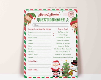 May include: A printable Secret Santa Questionnaire with a festive Christmas theme. The questionnaire asks for favorite things, including snacks, colors, restaurants, scents, hobbies, stores, drinks, TV shows, sports teams, and candy. It also includes a "This or That?" section with choices like coffee or tea, cats or dogs, chocolate or vanilla, books or movies, summer or winter, sweet or salty, alcohol or non-alcoholic, go away or stay in, fiction or non-fiction, and shopping online or in store.