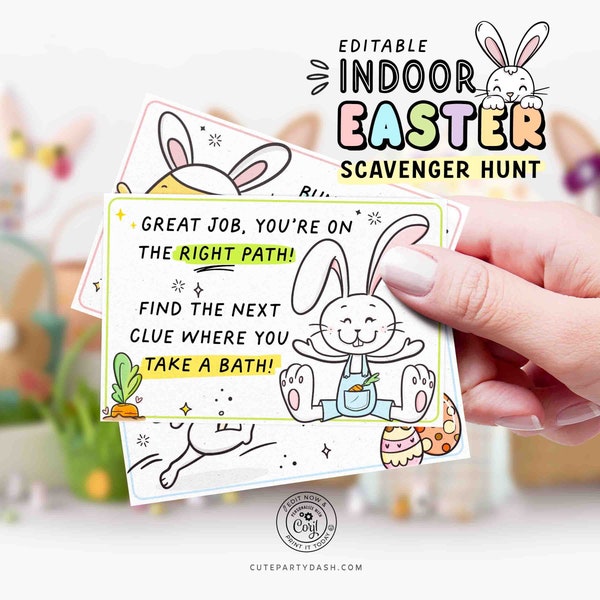 Indoor Easter Egg Hunt Printable INSTANT DOWNLOAD Editable Easter Scavenger Hunt Game for Kids Activity Treasure Hunt Clues Bunny