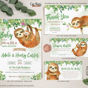 May include: A set of printable baby shower invitations featuring a watercolor illustration of a sloth mom and baby. The invitation includes the text "Oh Baby, Please join us for a Baby Shower honoring Adele & Henry Carter". The invitation also includes the date, time, and location of the baby shower. The invitation is available in a 4x6 inch size.