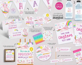 Caticorn Birthday Party Decor Bundle: Editable Rainbow Unicorn (Instant Download)