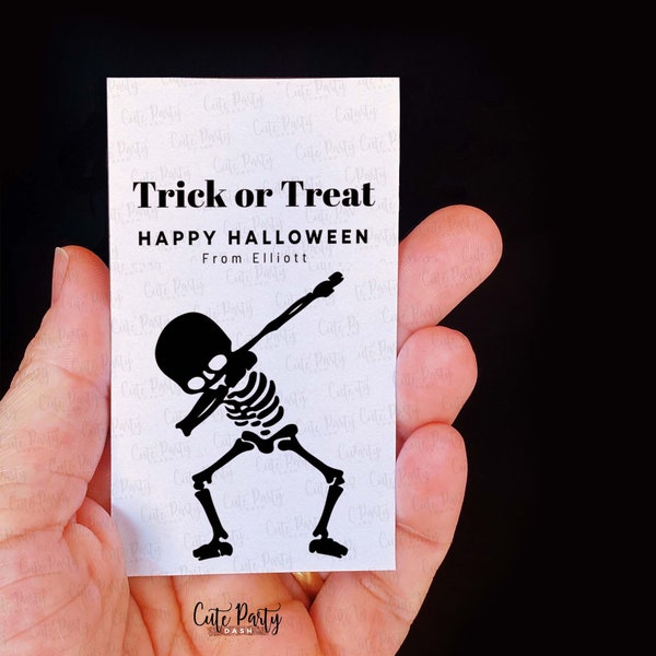 EDITABLE Halloween Minimalist Trick or Treat Gift Tag, Dabbing Skeleton Gift tag, Halloween minimal treat Label, INSTANT DOWNLOAD TG075