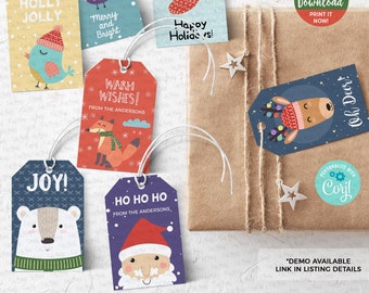 May include: Set of 8 printable Christmas gift tags featuring cute illustrations of a reindeer, Santa, a fox, a bird, an owl, a stocking, and a polar bear. The tags are decorated with festive colors and patterns, and include the text "Holly Jolly", "Merry and Bright", "Warm Wishes", "Happy Holidays", "Joy", "Ho Ho Ho", "Oh Deer!" and "From the Andersons".