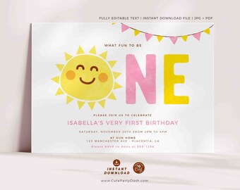 Little Sunshine Birthday Invitation: Minimalist First Birthday (Digital Download)
