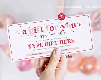 Custom Valentine's Day Gift Certificate Printable INSTANT DOWNLOAD Editable Gift Voucher Template Surprise Valentine's Day gift for her him