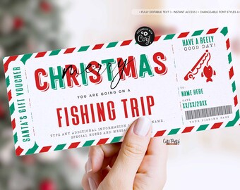 May include: A printable Christmas gift voucher for a fishing trip. The voucher is red, green, and white with a striped pattern. It says "Santa's Gift Voucher" and "Christmas Fishing Trip".