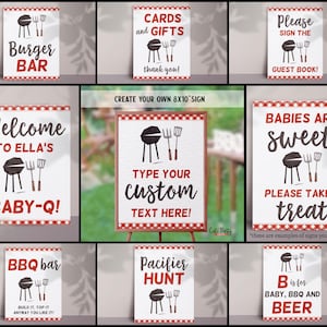 May include: Printable 8x10 inch signs for a baby shower with a barbecue theme. The signs feature a grill, utensils, and text such as "Welcome to Ella's Baby-Q!" and "Babies are sweet, please take a treat".