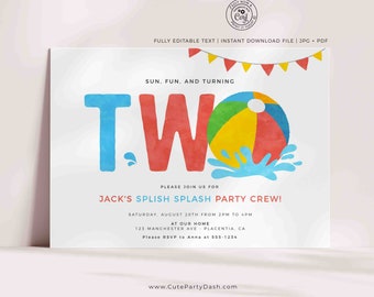 Pool Party Second birthday invitation Printable INSTANT DOWNLOAD Swimming Pool Summer Beach Ball 2nd Birthday EDITABLE invite boy girl 427