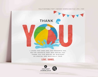 Pool Party birthday Thank you card Printable INSTANT DOWNLOAD Swimming Pool Summer Beach Ball Thank you note Birthday EDITABLE boy girl 427