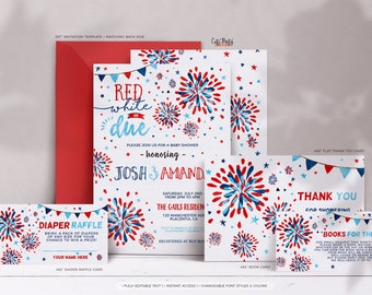 Patriotic Baby Shower Invitation: Red White & Due, Firecracker Theme (Editable, Digital Download)