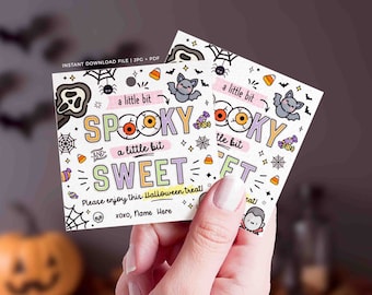 May include: A printable Halloween treat tag with a white background and colorful cartoon graphics. The text reads "A little bit spooky and a little bit sweet".