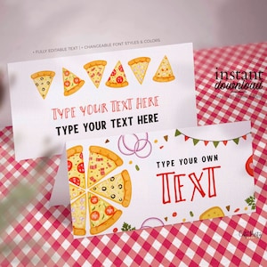 Cartões de comida para festa de pizza, decoração editável de festa de aniversário, decoração de etiqueta adesiva para festa de pizza imprimível, cartão de lugar de barraca DOWNLOAD INSTANTÂNEO 200