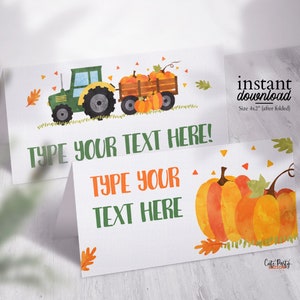 INSTANT DOWNLOAD, BEWERKBARE kleine pompoen verjaardag voedsel tent kaarten, Thanksgiving verjaardag decor, herfst verjaardag, groene tractor verjaardag 510