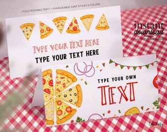 Tarjetas de comida editables para fiesta de pizza: Decoración de cumpleaños imprimible (descarga instantánea)