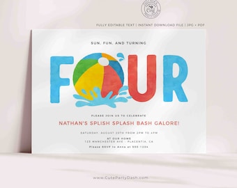 Puede incluir: Una invitación de cumpleaños azul, roja y amarilla con una pelota de playa y la palabra "FOUR" en letras grandes y coloridas. El texto dice "Sun, Fun, and Turning Four. Please join us to celebrate Nathan's Splish Splash Bash Galore! Saturday, August 20th from 2 PM to 4 PM at our home, 123 Manchester Ave, Placentia, CA. Please RSVP to Anna at 555-1234. www.CutePartyDash.com"