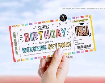 Editable Weekend Getaway Voucher Template INSTANT DOWNLOAD Surprise Trip gift ticket Weekend Getaway Birthday Trip Away Hotel Voucher #188