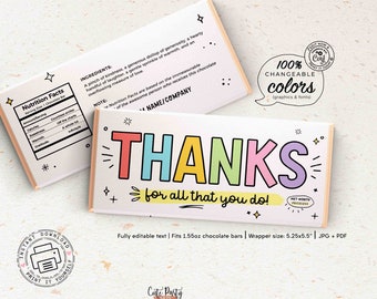 Thank You Chocolate Bar Wrapper: Teacher, Coach, Staff Gift (INSTANT DOWNLOAD)