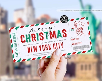 May include: A red, green and white Christmas gift voucher with the text "merry CHRISTMAS" and "PACK YOUR BAGS! YOU ARE GOING ON A TRIP TO NEW YORK CITY". The voucher has a picture of the Statue of Liberty and the text "I ♥ NY".