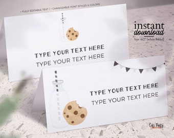 May include: Printable milk and cookie themed table cards with the text "Type your text here" on each card. The cards are 4x2 inches when folded. The design features a cartoon illustration of a glass bottle with a straw and a cookie.