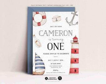 Nautical Birthday Invitation: Sailboat Party, Editable Template (Digital Download)