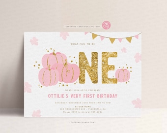 Little Pumpkin First Birthday Invitation: Pink & Gold (Digital Download)