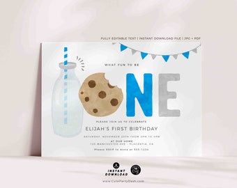 May include: A blue and gray watercolor "ONE" with a cookie and milk bottle illustration. The invitation reads "What fun to be one" and "Please join us to celebrate Elijah's First Birthday".