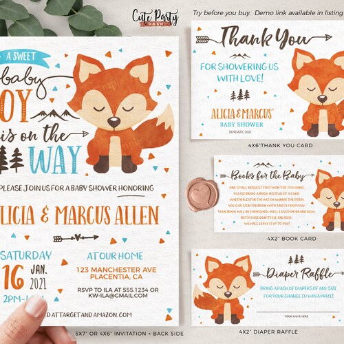 INSTANT DOWNLOAD Fox Baby Shower Invitation Set Watercolor - Etsy