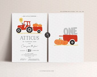 May include: A printable invitation for a first birthday party with a fall theme. The invitation features a red tractor with a number one on the back, pulling a wagon full of pumpkins. The text on the invitation reads "Our little pumpkin is turning one. Come join the fun!" with the date and time of the party.