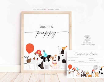 Adopt a Puppy Zeichen & Zertifikat: Bearbeitbare Haustier Adoptionsparty (Digitaler Download)