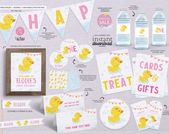 Décoration de fête d'anniversaire en caoutchouc Duckie Girl, INSTANT DOWNLOAD EDITABLE Printable Yellow Pink Rubber canard Decor girly canard invitation 428