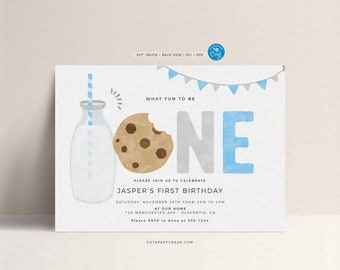 Minimal Milk and Cookies Birthday invitation, INSTANT DOWNLOAD, EDITABLE Minimalist Baby Blue Printable Milk & Cookies Corjl invite 526